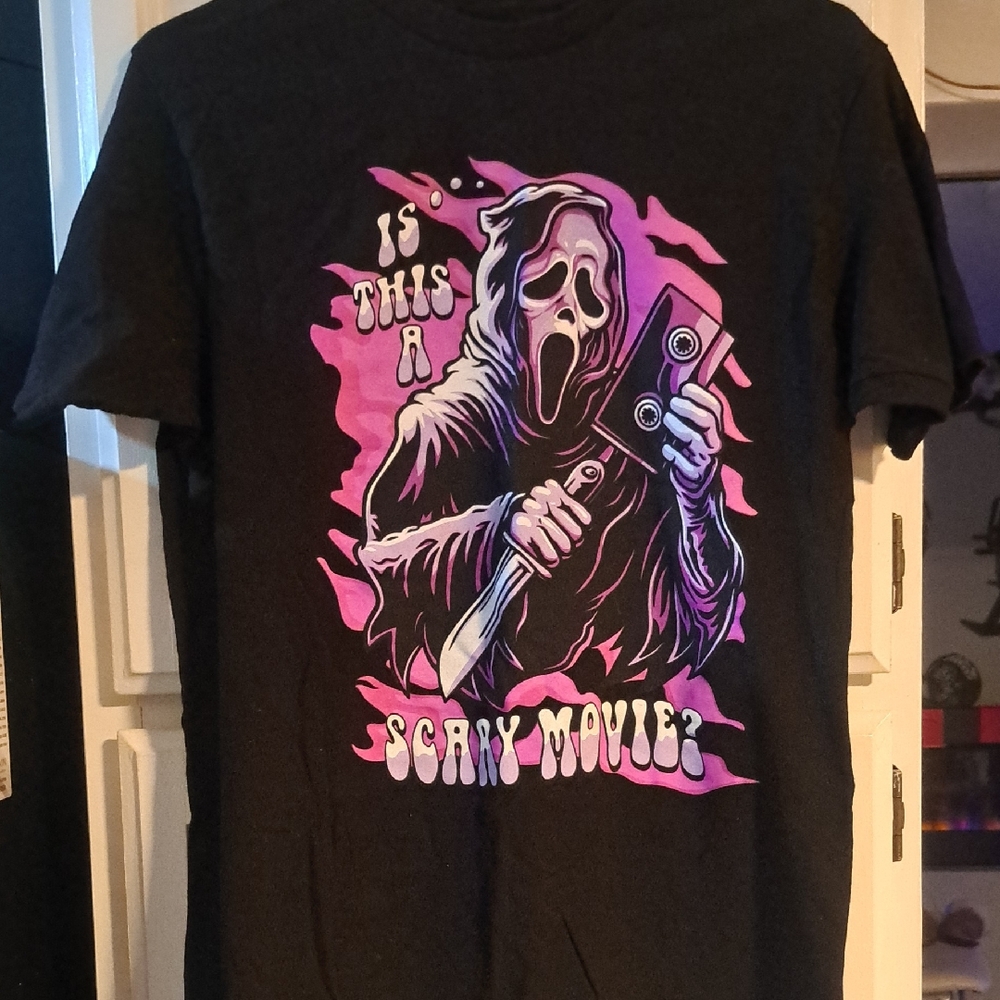 Black Graphic Tee with Pink and Purple Design